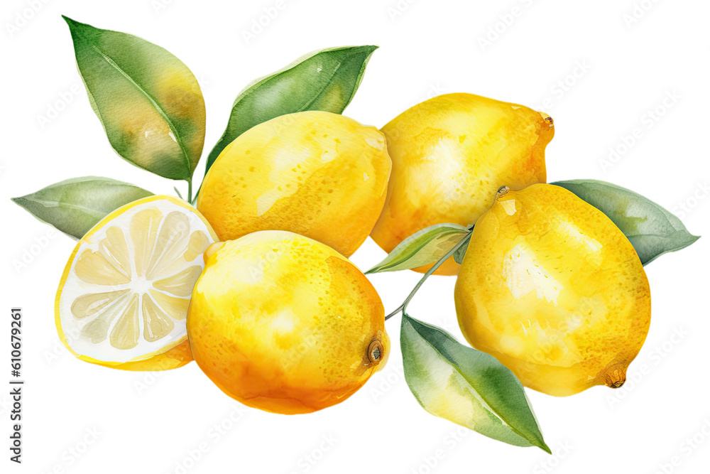 Watercolor of Yellow lemons and slices clipart isolated on clear png background, popular fruits citrus, painting design concepts, with Generative Ai.