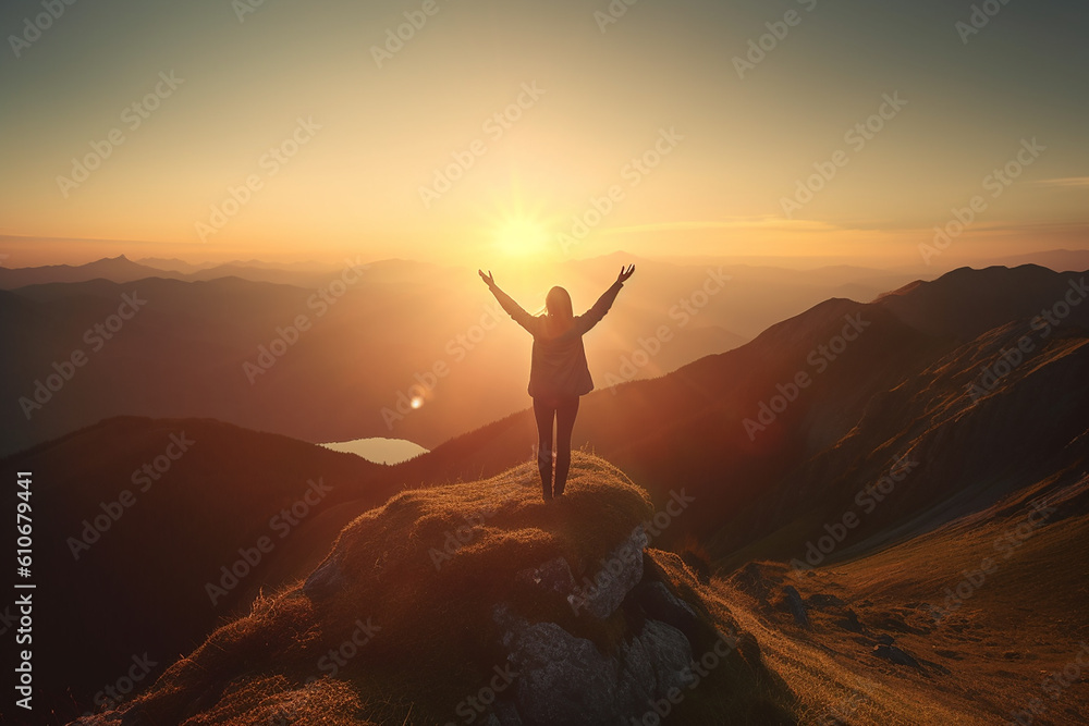 silhueta de mulher em alto de montanha, mulher vencedora conquistando seus objetivos 