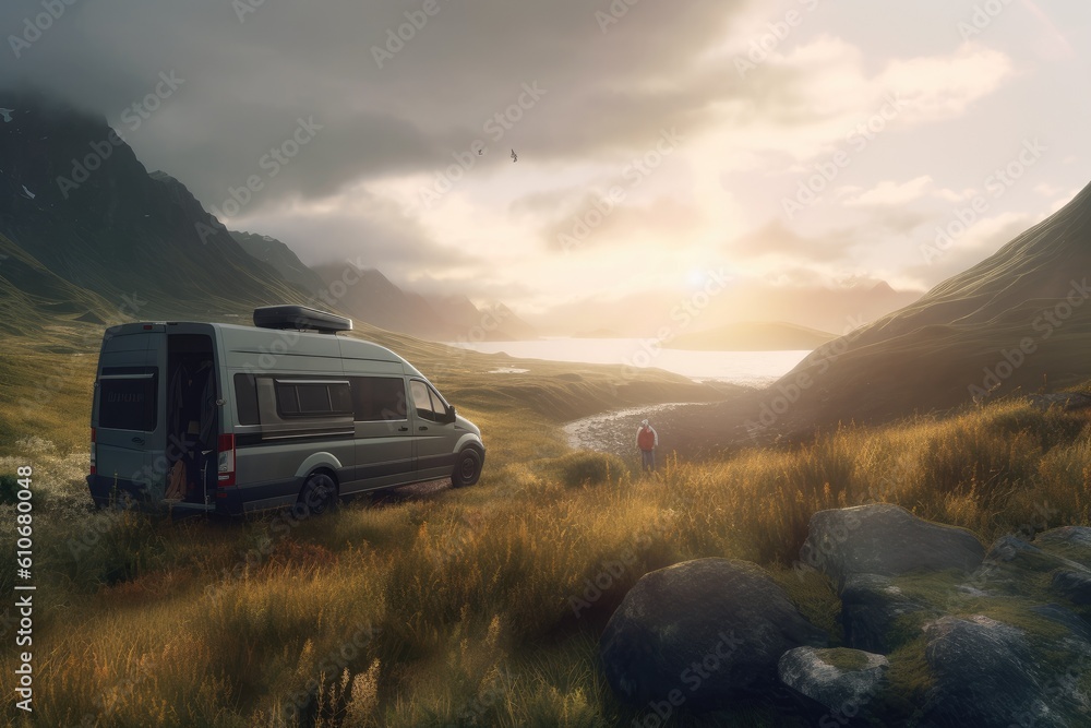 Golden Hour RV Camper Van Life in the Rocky Wild Camping in Grassy Field with Mountain Valley Views Made with Generative AI