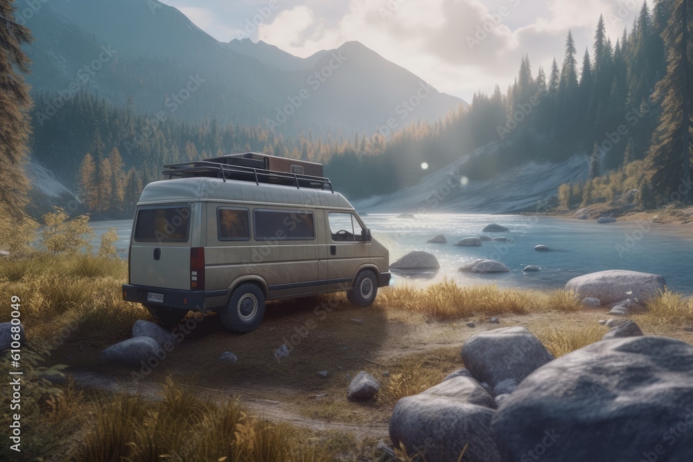 Camper Van Life in the Rocky Wild Camping in Grassy Field with River Stream and Mountain Valley Views Made with Generative AI