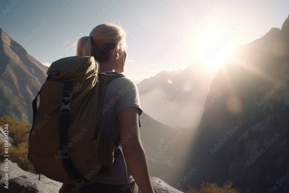 Tourist Woman Hiker on Mountain Top Facing the Open Mountain Canyon Views in Spring Made with Generative AI
