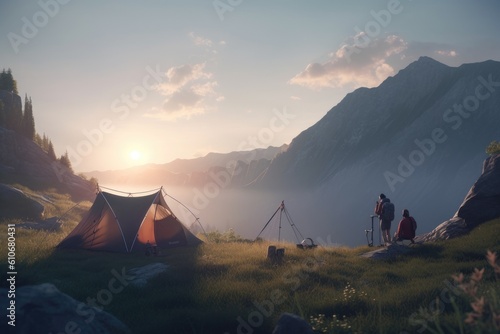 Beautiful outdoors people camping in tents nature views on mountain with sunlight during golden hour sunset sunrise hiking made with generative Ai