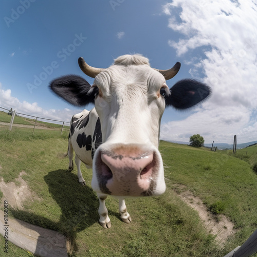 cute closeup portrait of a cow on a meadow, eco farming concept, 360 degrees panoramic camera, AI generative