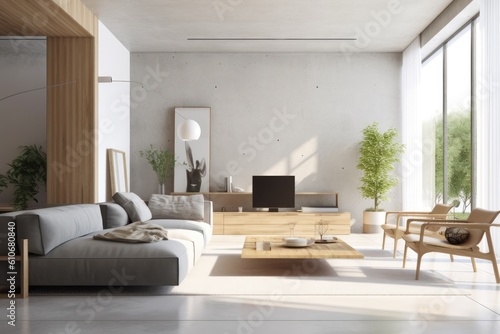 Luxurious Modern Living Room Home Interior With Concrete Accent Walls And Sustainable Wood With Stylish Home Decor And Professional Staging Made With Generative AI