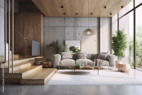 Cool luxury spacious modern loft penthouse studio space with cement walls low sofa organic wood furniture and minimal styling made with Generative Ai