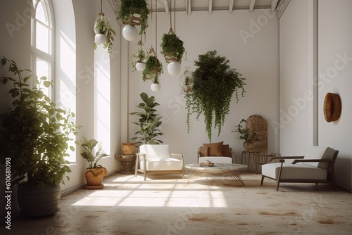 Peaceful Calm Living Room Modern Interior With Loft Ceilings Hanging With Indoor Plants Made With Generative AI