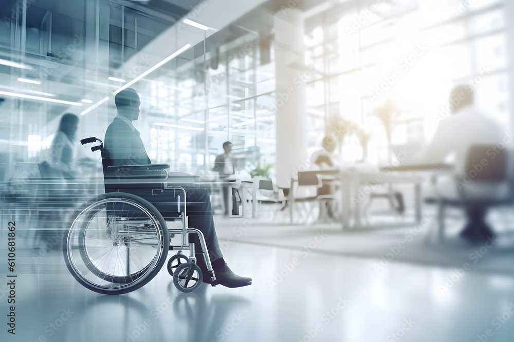 Worker on wheelchair over blur office background. Disabilities in working environment Worker on wheelchair over blur office background. Disabilities in working environment