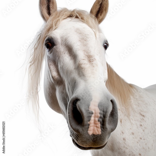 Funny portrait of a cute horse looking to the camera, white background, AI generative