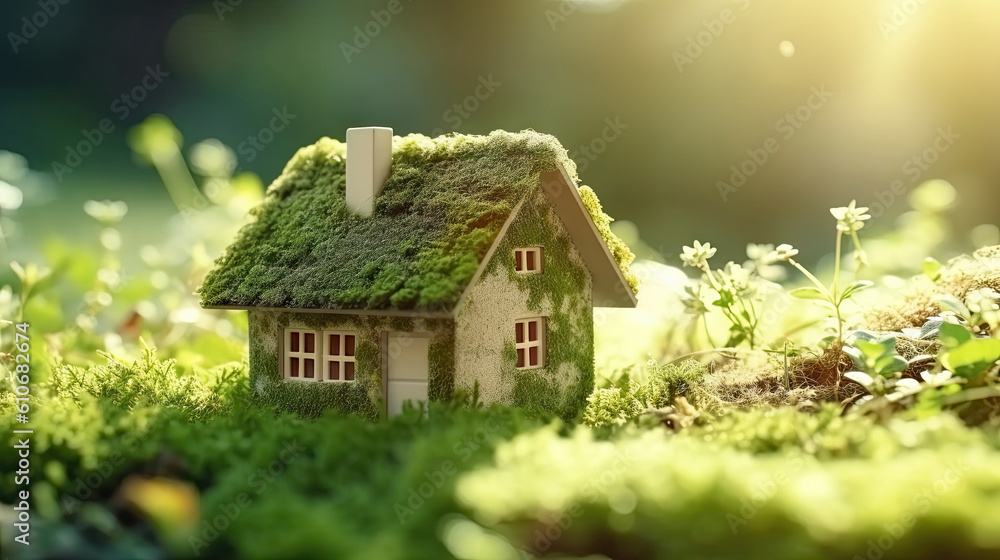 Miniature house with green moss on the lawn. Eco real estate concept. Generative AI. Miniature house with green moss on the lawn. Eco real estate concept. Generative AI.