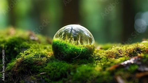 Crystal ball on green moss in forest. Nature and environment concept. Generative AI.