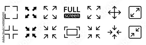 Full screen vector black icons. Set of full screen and exit full screen icon. Arrow mark icons. Scalability icons in flat style for web site, UI, mobile app. Vector illustration
