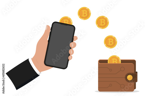 Crypto wallet. Digital bitcoin wallet with mobile phone. Digital wallet technology for cryptocurrency. Cryptocurrency transaction with mobile phone. Blockchain, crypto coins, exchange, money transfer