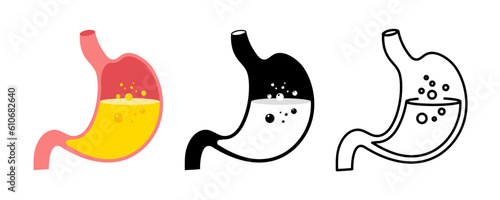 Human stomach. Internal organ, digestive system anatomy, stomach care. Healthy and unhealthy, empty and full human stomach in different style. Nutrition, stomach pain, bloating