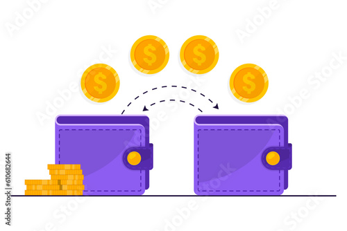 Digital wallet transaction. Sending and receiving money. Money transfer from and to wallet. Capital flow, making money. Financial savings or economy, banking payment, exchange, money transfer