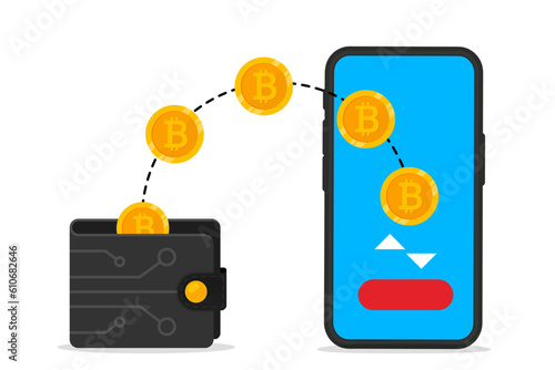 Crypto wallet. Digital bitcoin wallet with mobile phone. Digital wallet technology for cryptocurrency. Cryptocurrency transaction with mobile phone. Blockchain, crypto coins, exchange, money transfer