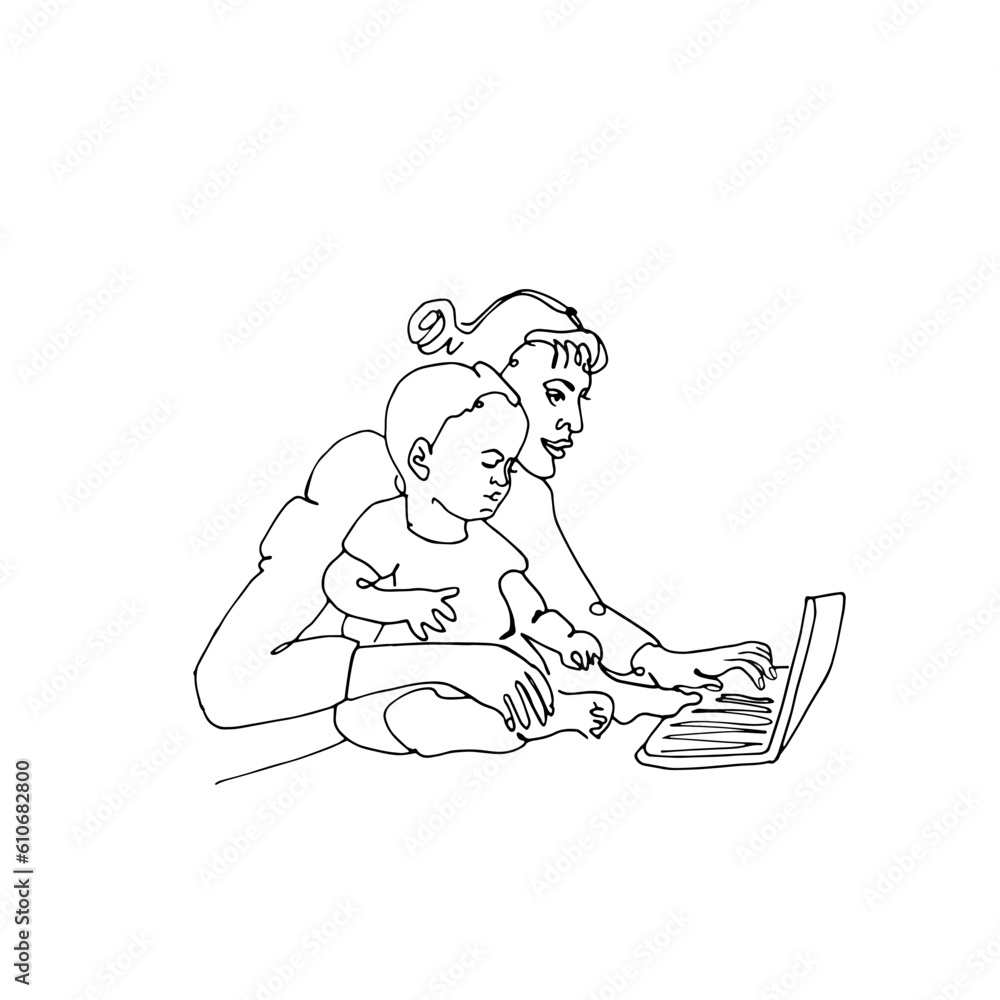A freelance woman with a child in the workplace, working at home with a child.
The concept of opportunities at work during motherhood. Vector linear drawing,black and white illustration on a white bac A freelance woman with a child in the workplace, working at home with a child.
The concept of opportunities at work during motherhood. Vector linear drawing,black and white illustration on a white bac