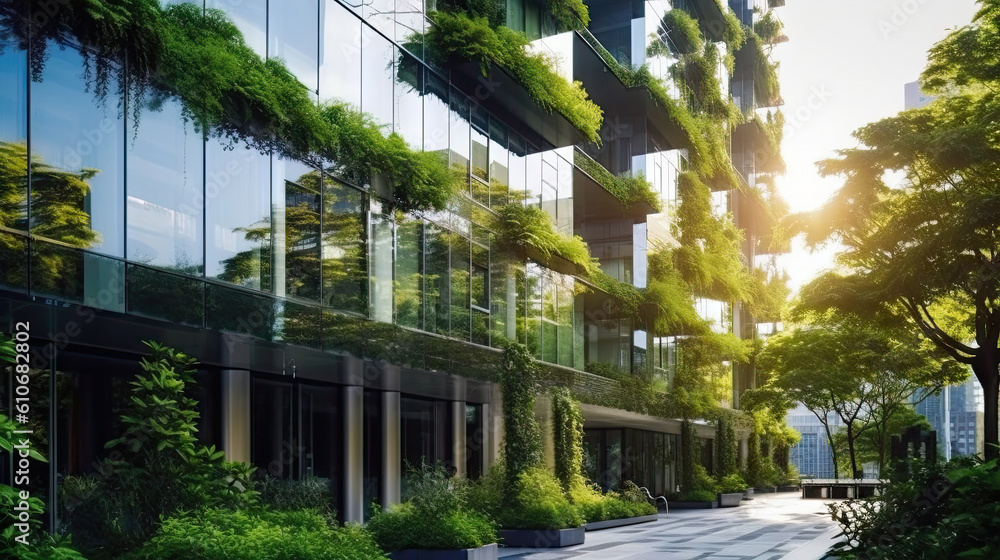 Modern building with greenery and sunlight in the city. 3d rendering. Generative AI. Modern building with greenery and sunlight in the city. 3d rendering. Generative AI.