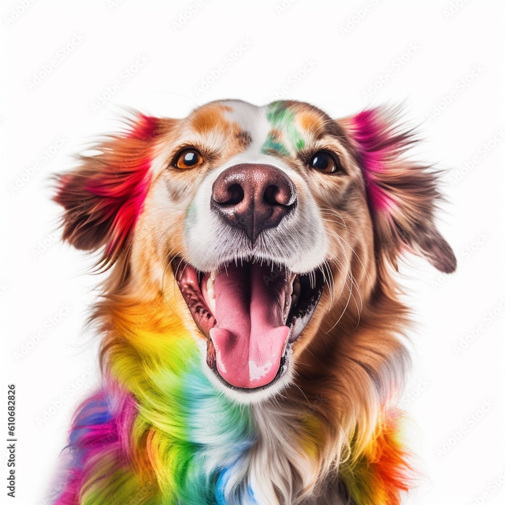 Portrait of Funny laughing dog with a colorful design style. 360 degrees panoramic camera, AI generative