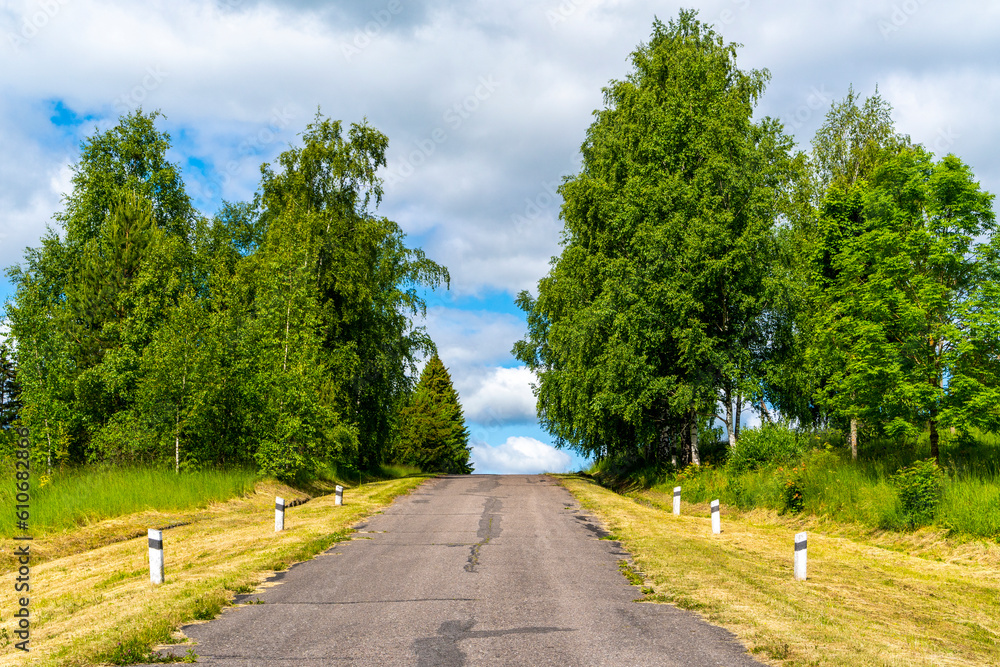 Empty asphalt road goes up, greenery on the sides of the road