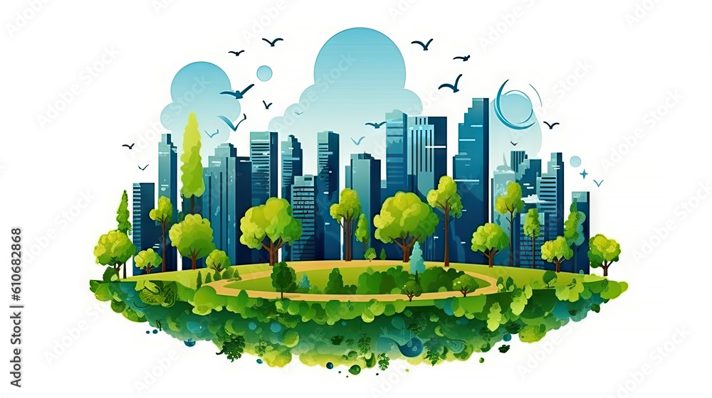 City landscape with skyscrapers, trees and birds. Vector illustration. Generative AI.