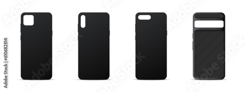 Realistic black smartphone cases set. Blank plastic or silicone cover phone collection. Protection accessories for phone. 3d vector illustration