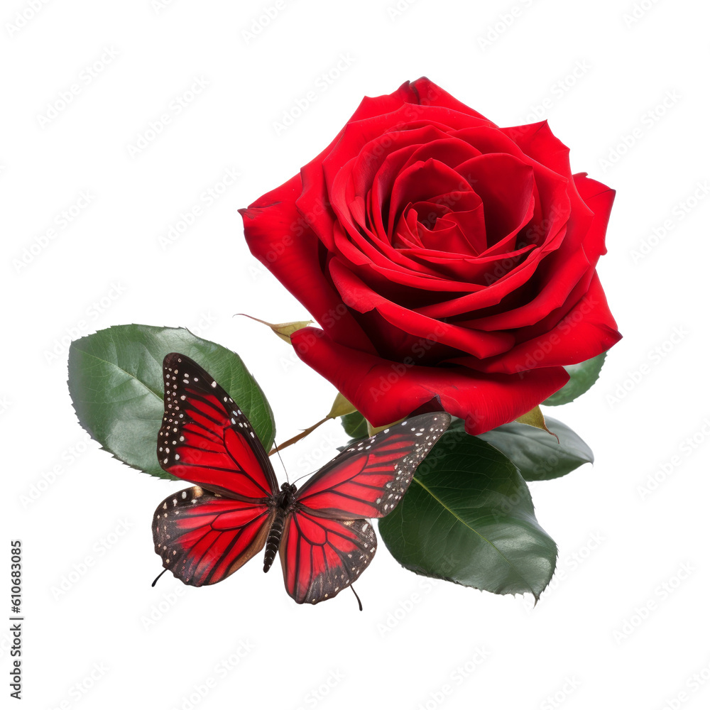 red rose with butterfly isolated on transparent background cutout Stock ...