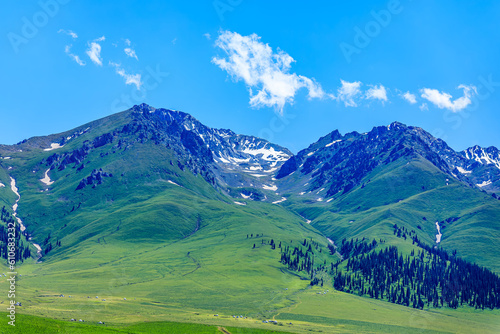 Green grassland and mountain natural landscape in Xinjiang, China. Green natural landscape in summer season.