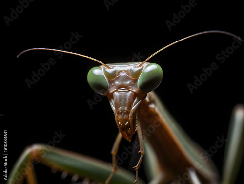 close up of a green european mantis with dark background © Robin