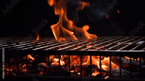 Charcoal fire dance, Flaming grill set against a black cooking background. Generative AI