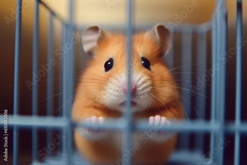 Closeup of sad looking hamster in a cage. Generative AI. photo