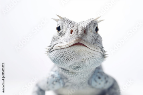 Closeup portrait of beautiful lizard isolated on white background. Generative AI. 