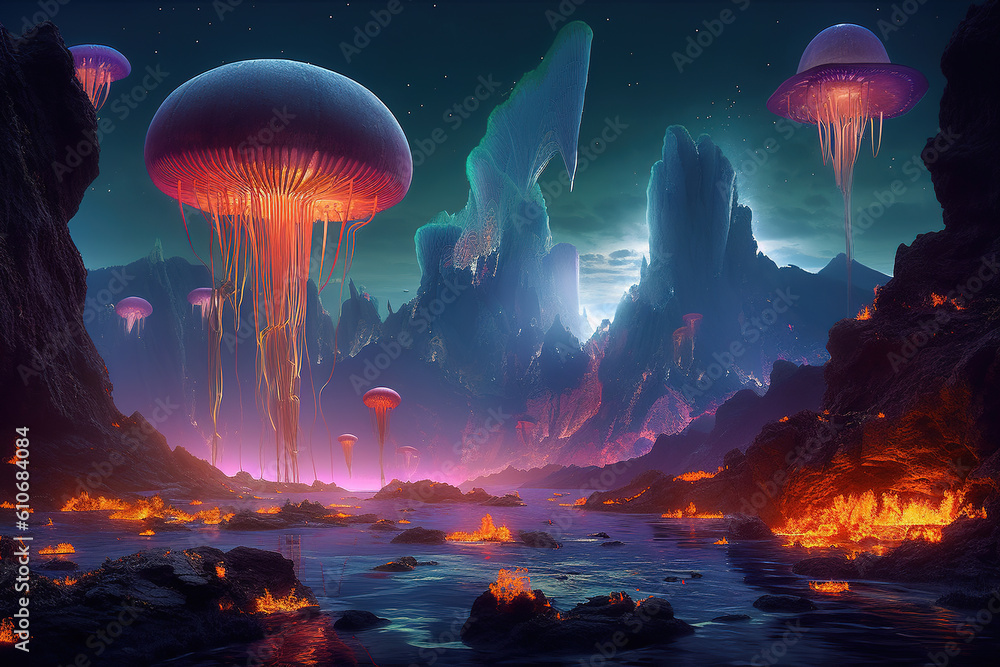 custom made wallpaper toronto digitalJellyfish fantasy background. Generative Ai
