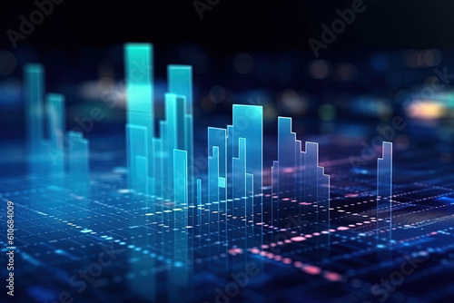 View of stock market expansion, business investment, and data analysis concept featuring digital financial charts, graphs, and indicators against a dark blue blurred background