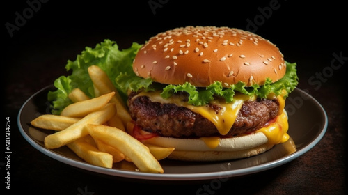 Delicious hamburguer whit french fries in the plate Generative AI