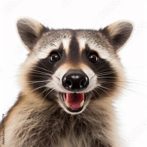 Portrait of a cute funny raccoon, closeup, isolated on a white background, AI generative © Valery Zayats