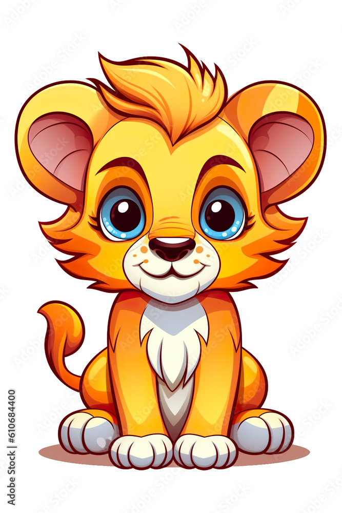 A cartoon lion cub sitting on the ground. Generative AI. A cartoon lion cub sitting on the ground. Generative AI.