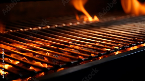 Fiery cooking scene, Empty grill with intense flames, perfect for barbecuing. Generative AI