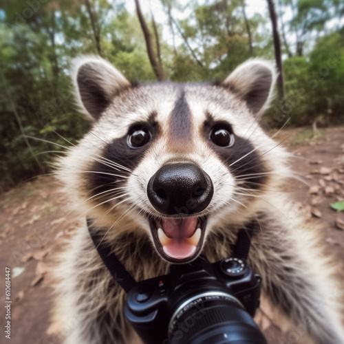 funny portrait of an racoon with camera into the wild, 360 degrees panoramic camera, AI generative © Valery Zayats