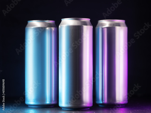 Three aluminum cans of beer or soda in neon lights on a dark background.