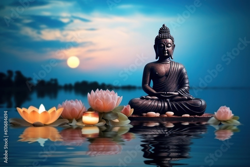 A Buddha statue by the river offers a peaceful and reflective scene, inviting moments of serenity and meditation photo