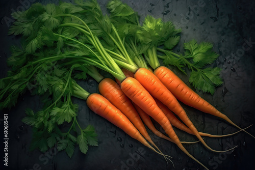 A bunch of fresh carrots with green leaves on a dark table surface.
