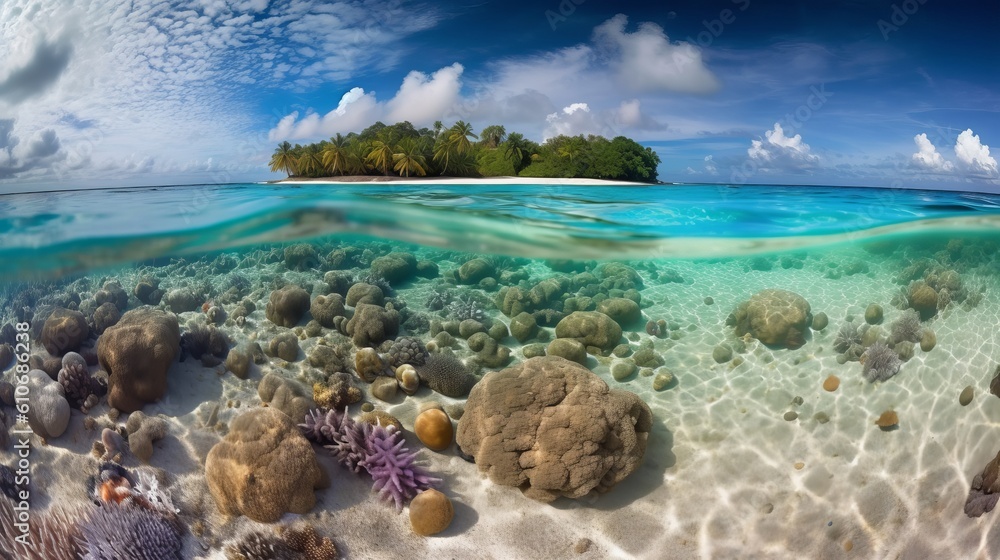 Naklejka premium Dive into a world of wonder with ultra-realistic 4K backgrounds that showcase the breathtaking beauty of coral reefs. The scene unveils an underwater paradise, coral reef and blue sea, Generative AI
