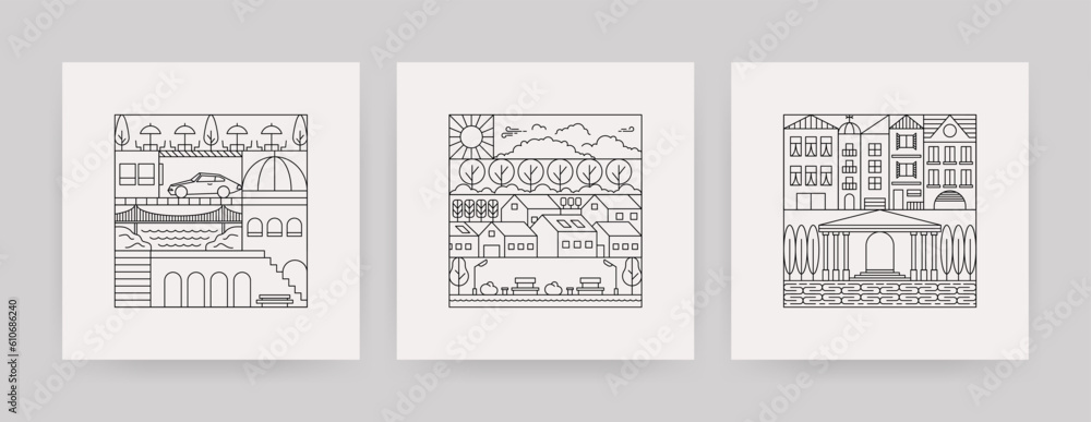 Geometric line city landscape. Simple geometry town pattern, urban buildings for poster cover apparel design. Vector set