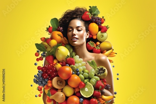 woman covered with fruits isolated on yellow background concept of vitality photo