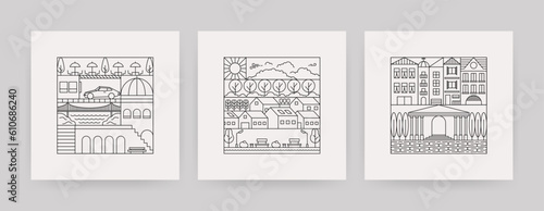 Geometric line city landscape. Simple geometry town pattern, urban buildings for poster cover apparel design. Vector set