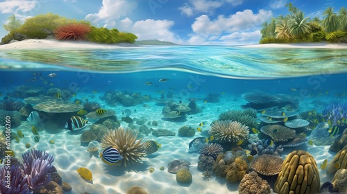 Dive into a world of wonder with ultra-realistic 4K backgrounds that showcase the breathtaking beauty of coral reefs. The scene unveils an underwater paradise  coral reef in sea  Generative AI