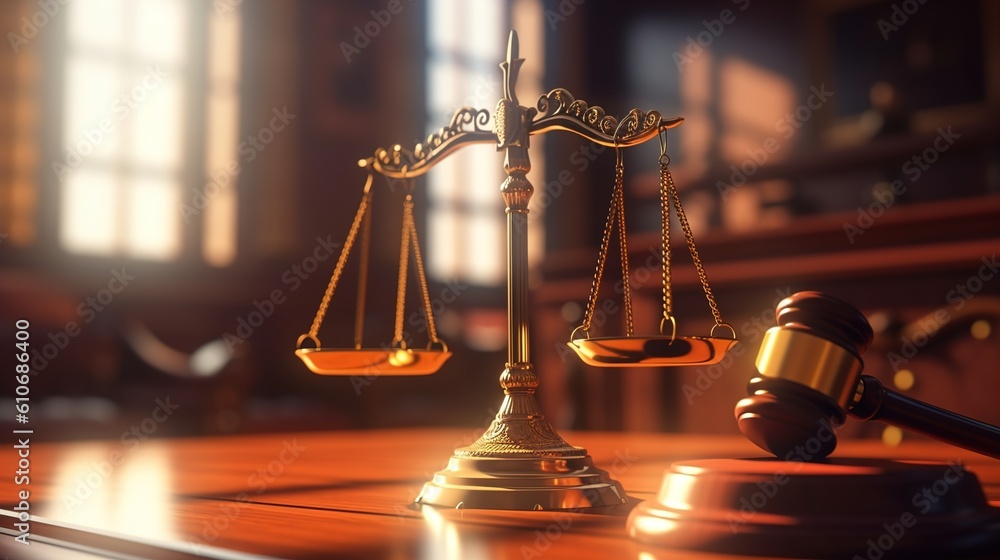 Judge gavel and Scales of Justice in the Court Hall, Law, and justice concept. Lawyers desk with afternoon light, Ai Generative
 - obrazy, fototapety, plakaty 