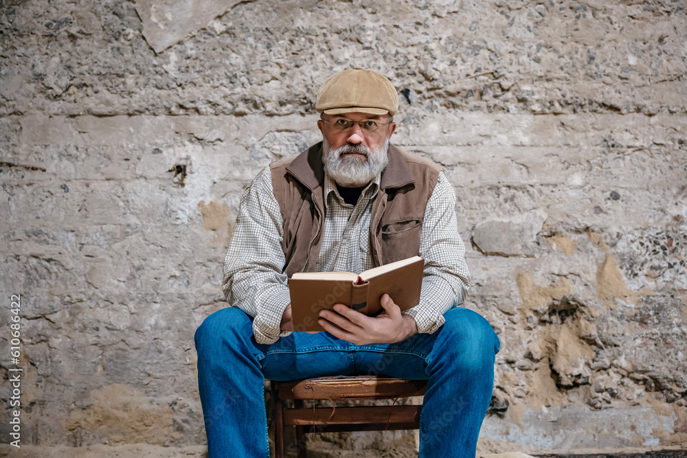 Man with a gray beard reads a book against a concrete wall Man with a gray beard reads a book against a concrete wall