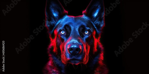 Dog front portrait in blue-red light on white background, concept of Color temperature, created with Generative AI technology © koldunova