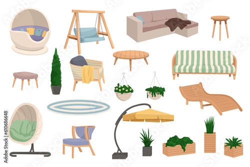 Garden outdoor furniture set. Set of Outdoor, porch zone, garden furniture with potted plants illustration
